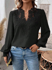 Swiss Dot Lace Detail Notched Long Sleeve Blouse Black / S