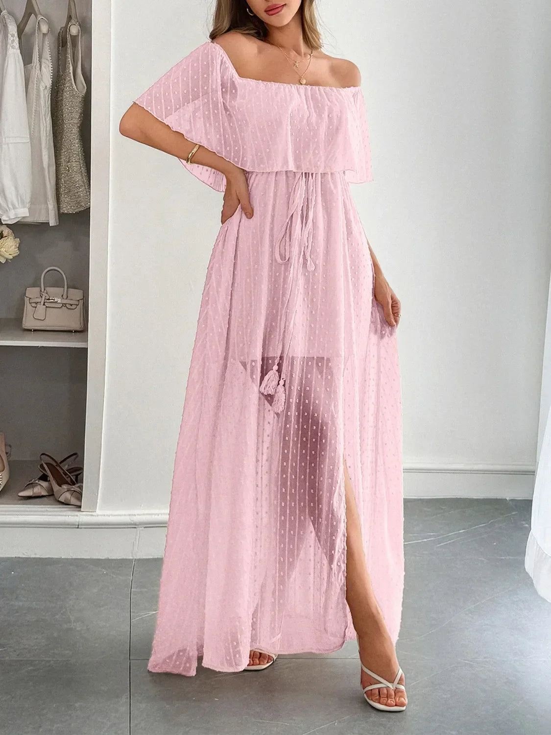 Swiss Dot Off Shoulder Maxi Dress Blush Pink / S