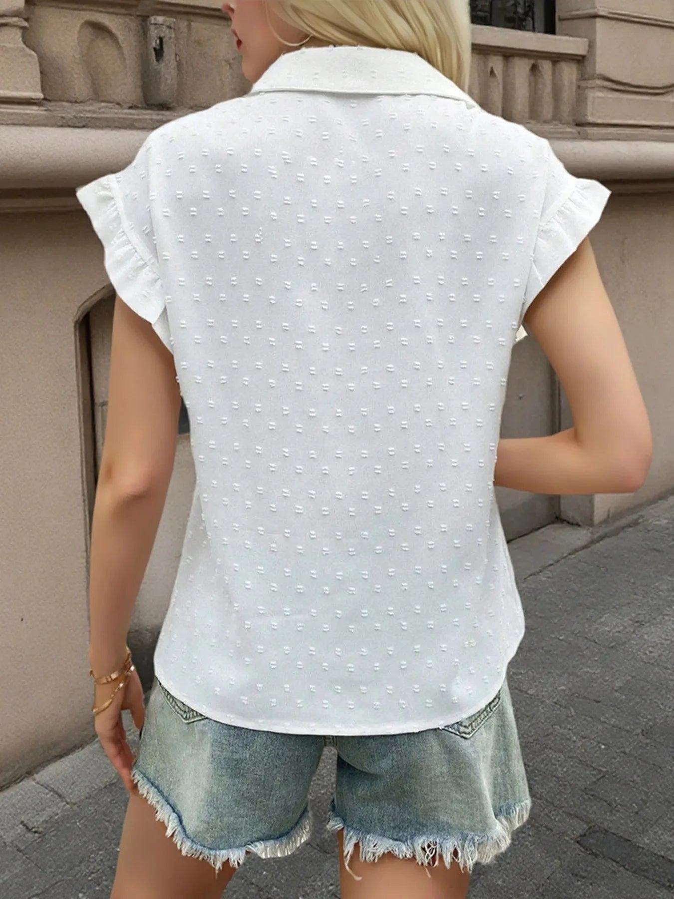 Swiss Dot Ruffled Cap Sleeve Shirt