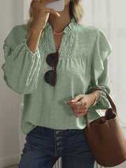 Swiss Dot Ruffled Long Sleeve Blouse