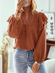 Swiss Dot Ruffled Long Sleeve Blouse