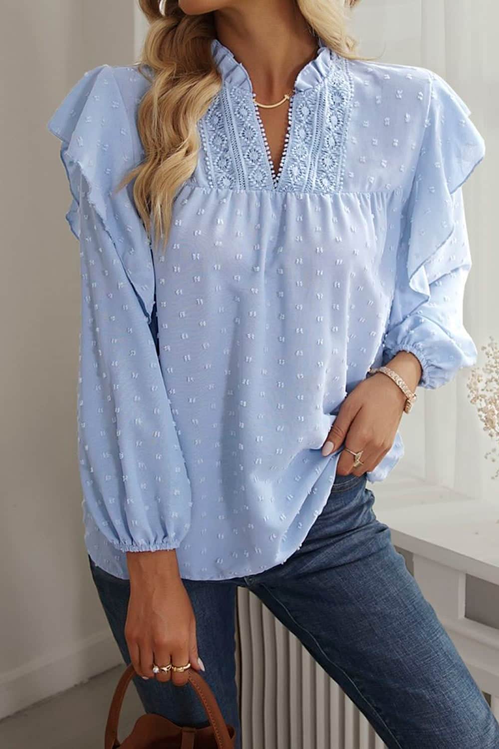 Swiss Dot Ruffled Long Sleeve Blouse Light Blue / S