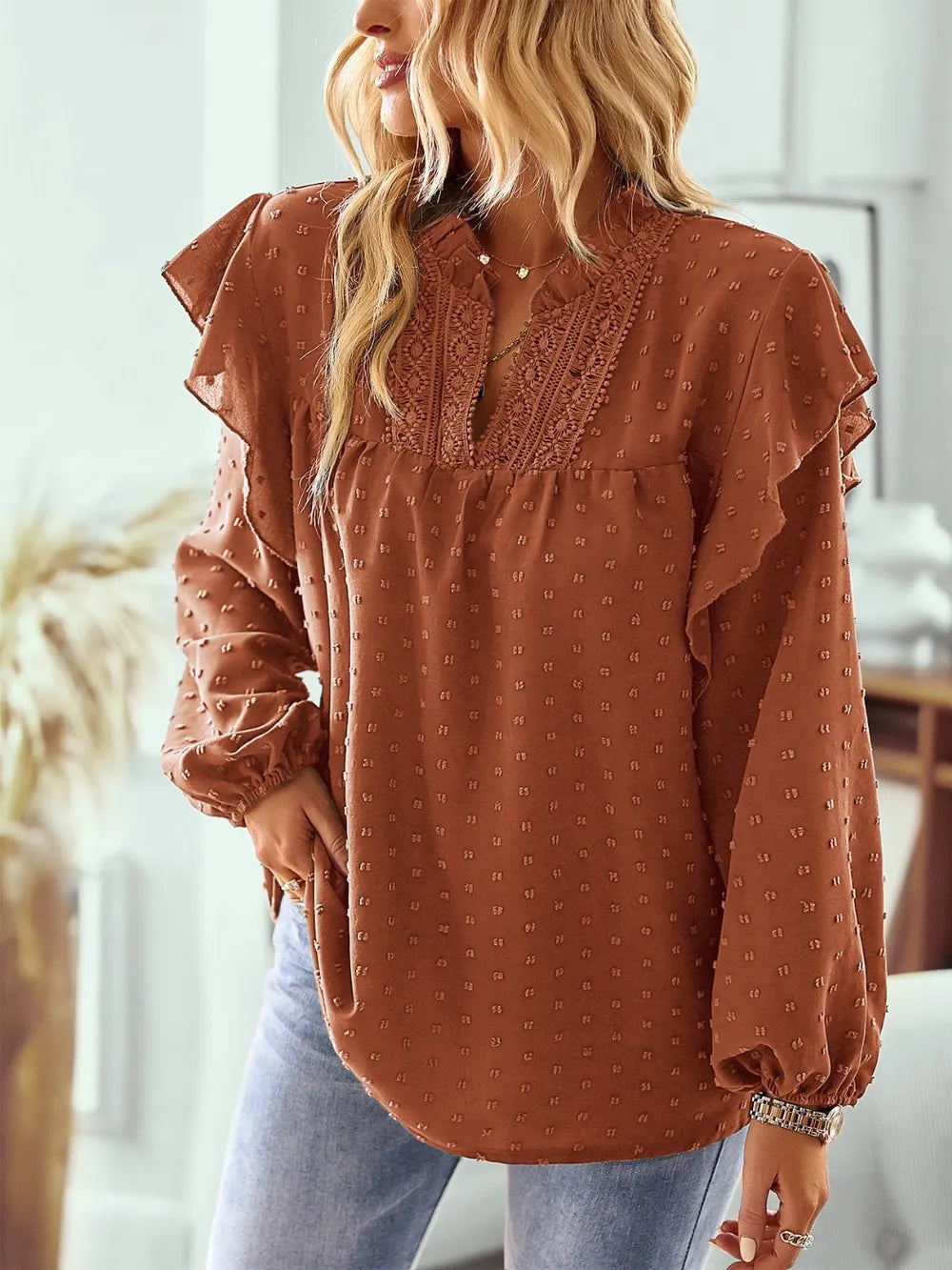 Swiss Dot Ruffled Long Sleeve Blouse Ochre / S