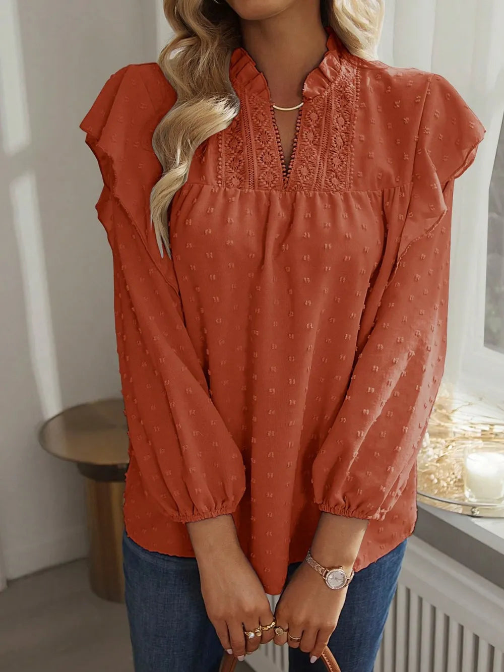 Swiss Dot Ruffled Long Sleeve Blouse Orange-Red / S