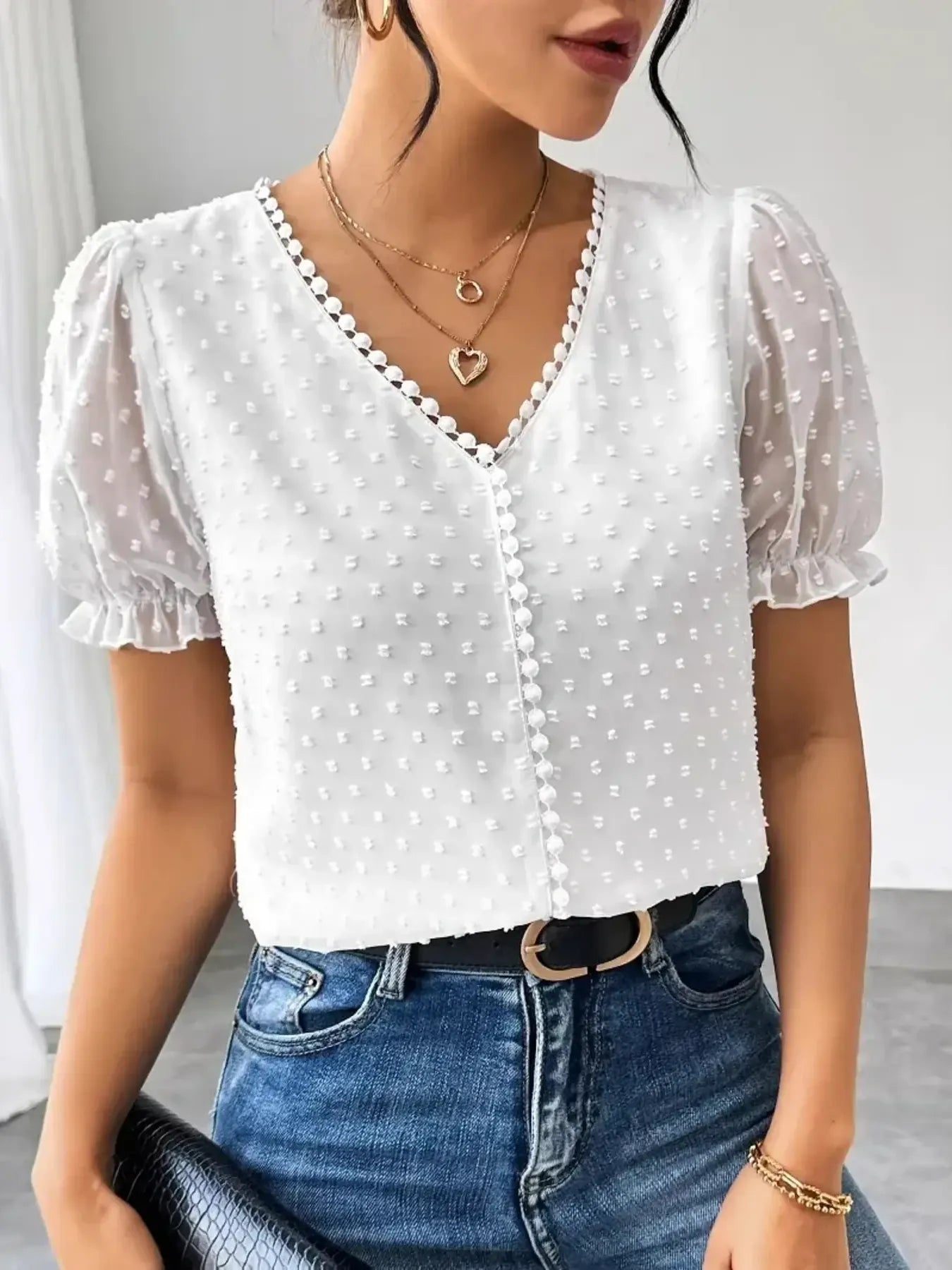 Swiss Dot Short Sleeve Blouse