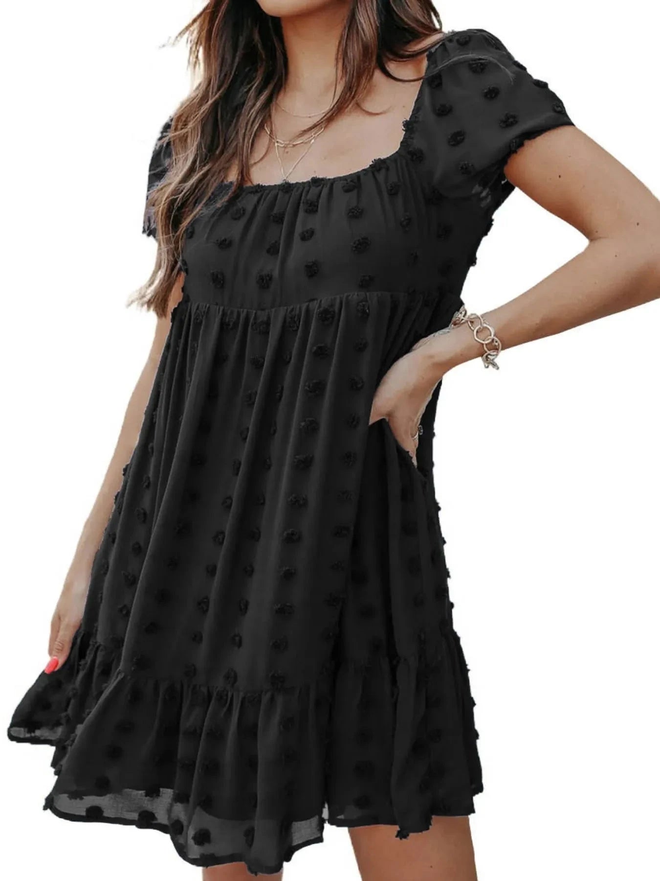 Swiss Dot Square Neck Mini Dress Black / S