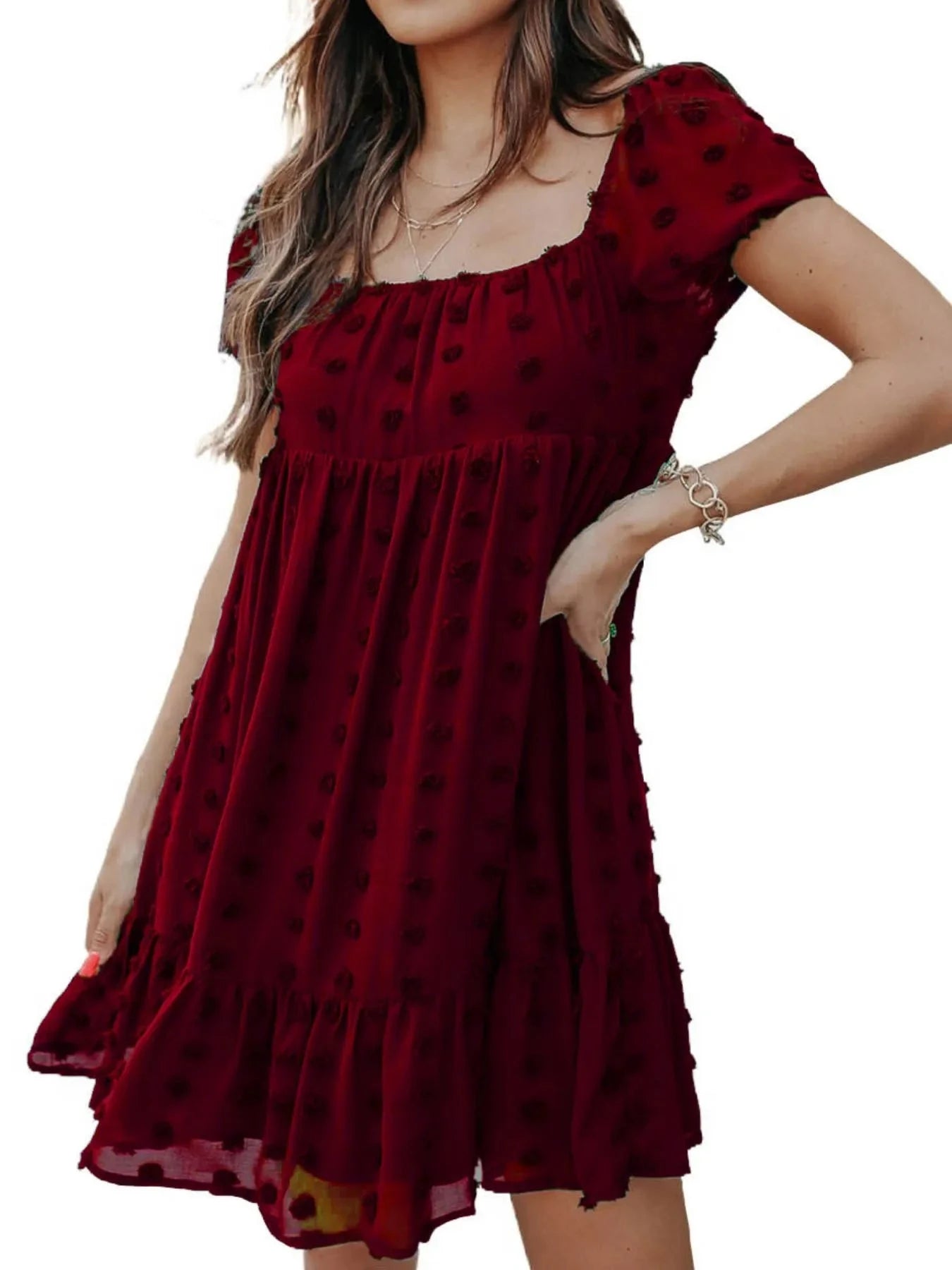 Swiss Dot Square Neck Mini Dress Wine Red / S