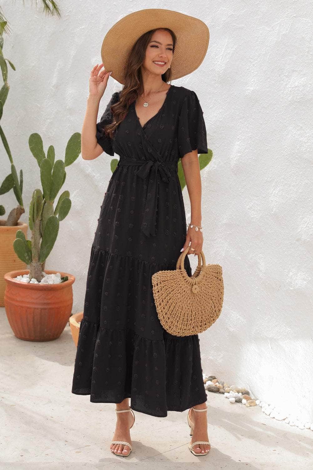 Swiss Dot Tied Surplice Short Sleeve Dress Black / S