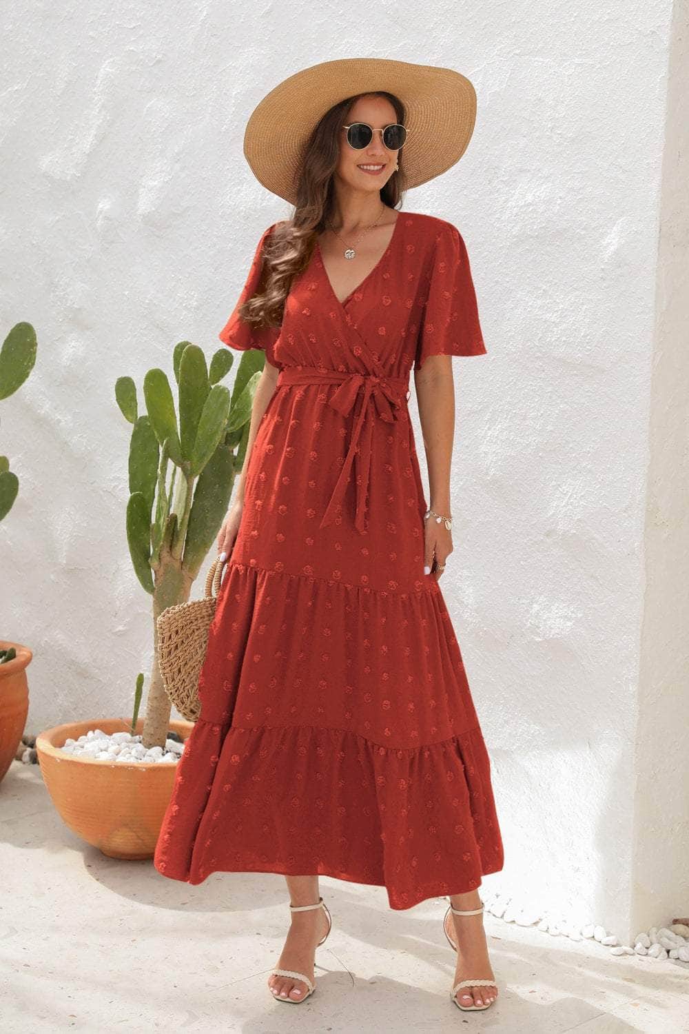 Swiss Dot Tied Surplice Short Sleeve Dress Brick Red / S