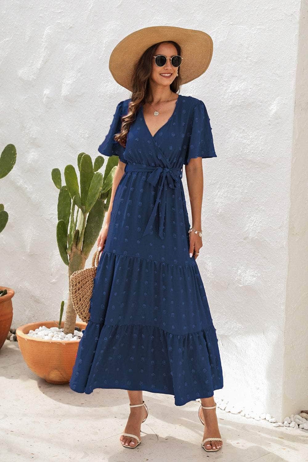 Swiss Dot Tied Surplice Short Sleeve Dress Cobald Blue / S
