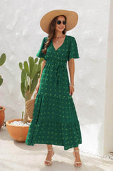 Swiss Dot Tied Surplice Short Sleeve Dress Green / S