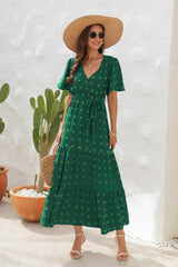 Swiss Dot Tied Surplice Short Sleeve Dress Green / S