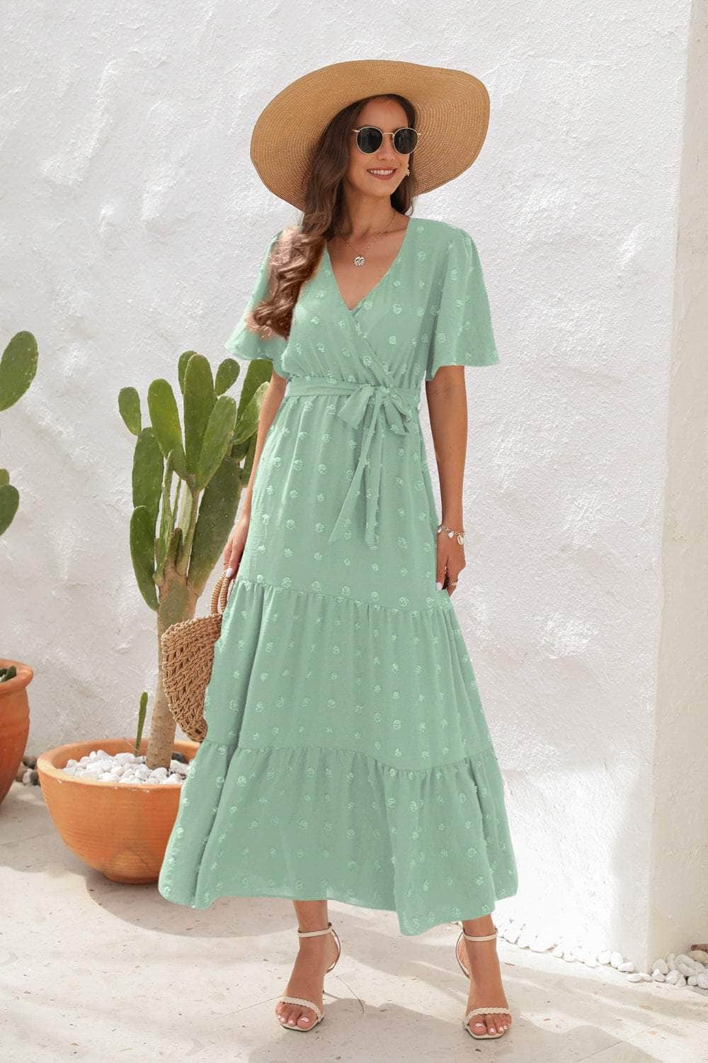 Swiss Dot Tied Surplice Short Sleeve Dress Light Green / S