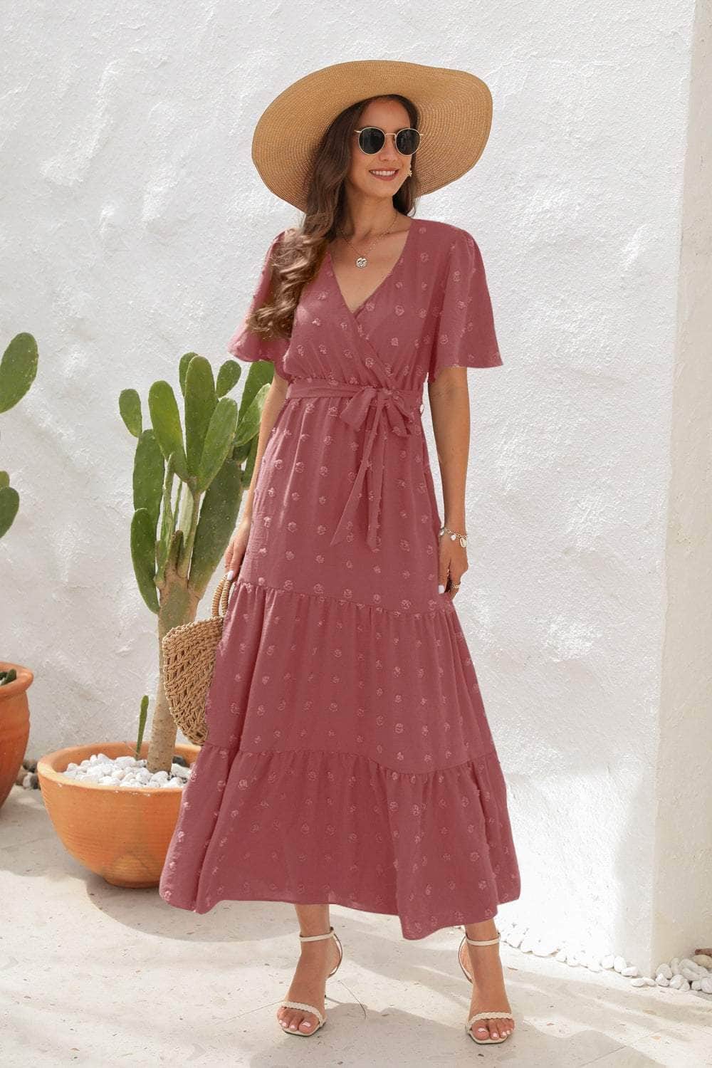 Swiss Dot Tied Surplice Short Sleeve Dress Light Mauve / S