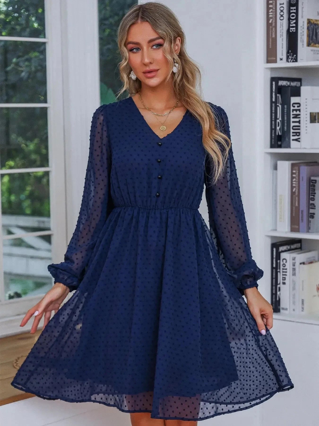 Swiss Dot V-Neck Balloon Sleeve Dress