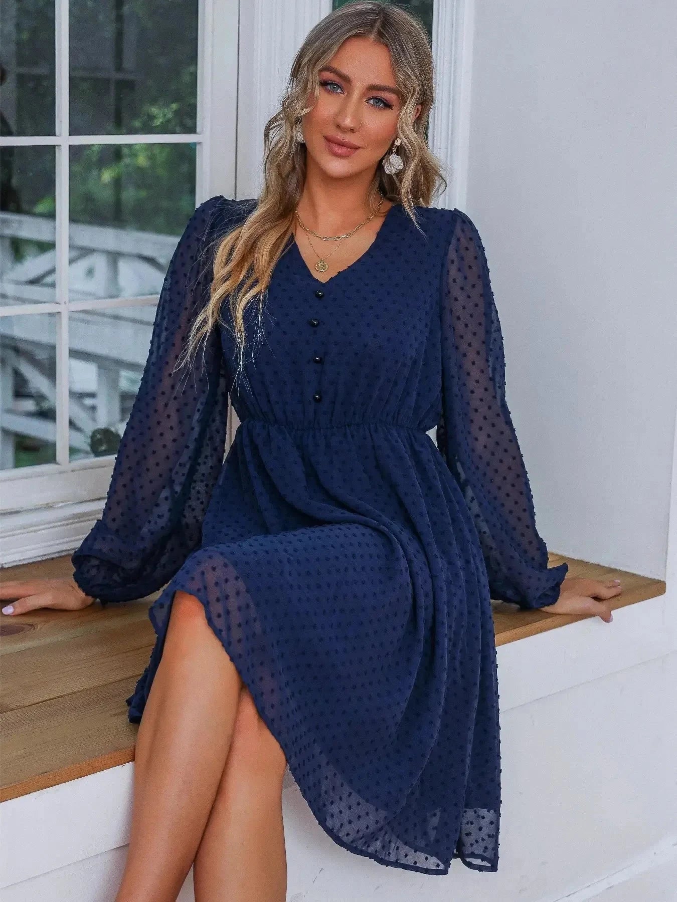 Swiss Dot V-Neck Balloon Sleeve Dress Navy / S