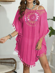 Tassel Crochet Round Neck Cover-Up Fuchsia Pink / One Size