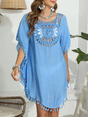 Tassel Crochet Round Neck Cover-Up Sky Blue / One Size