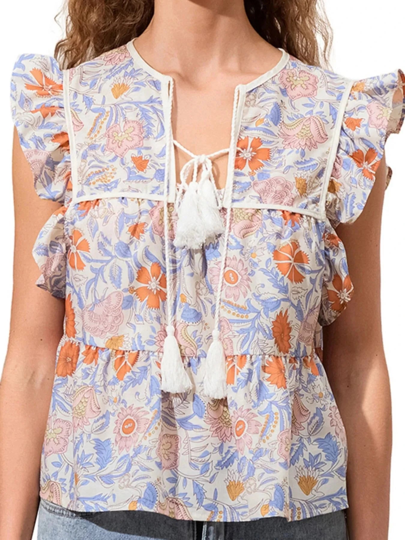 Tassel Ruffled Striped Blouse