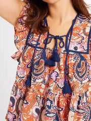 Tassel Ruffled Striped Blouse