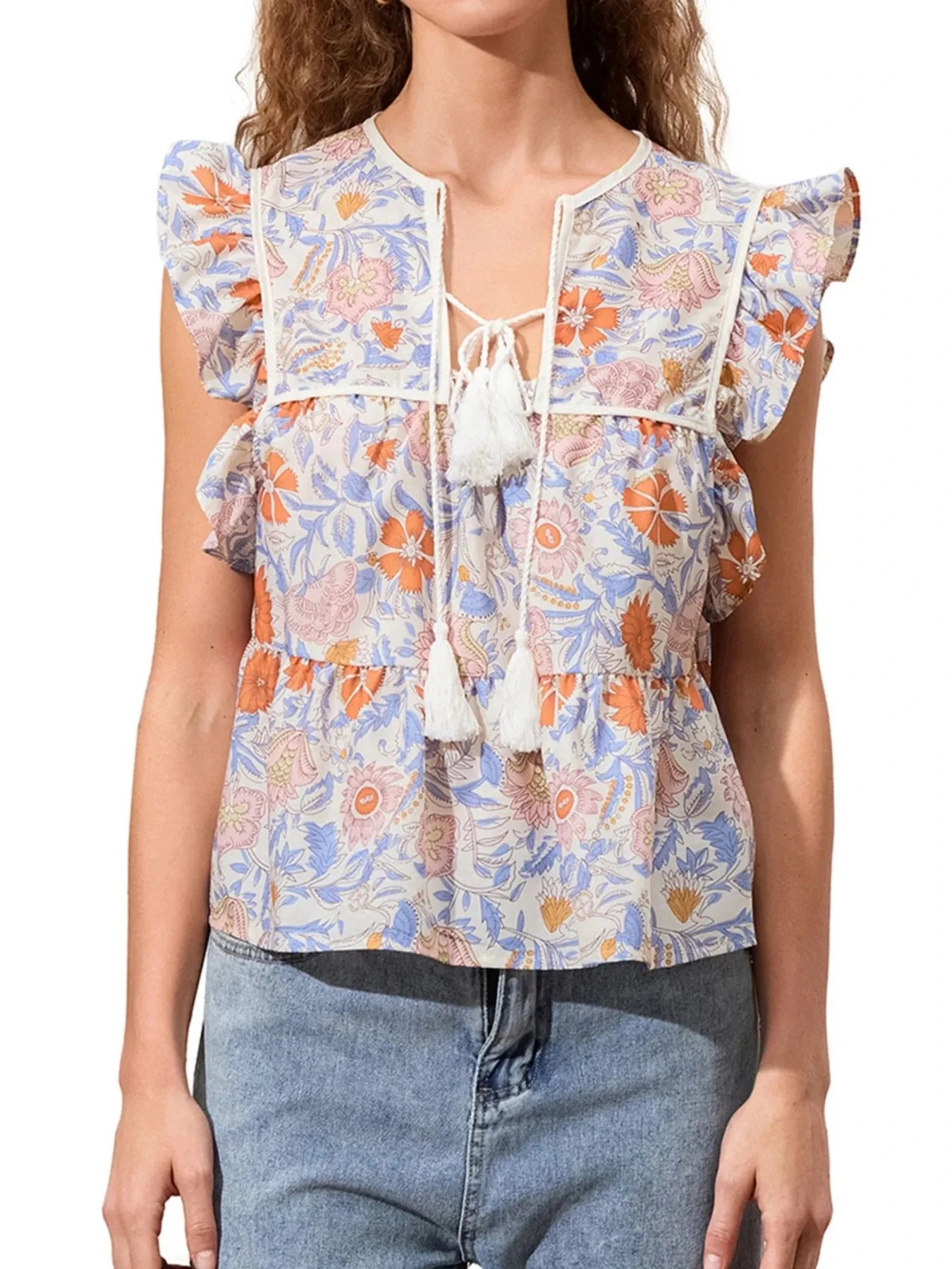 Tassel Ruffled Striped Blouse Blue-orange / S