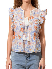 Tassel Ruffled Striped Blouse Blue-orange / S