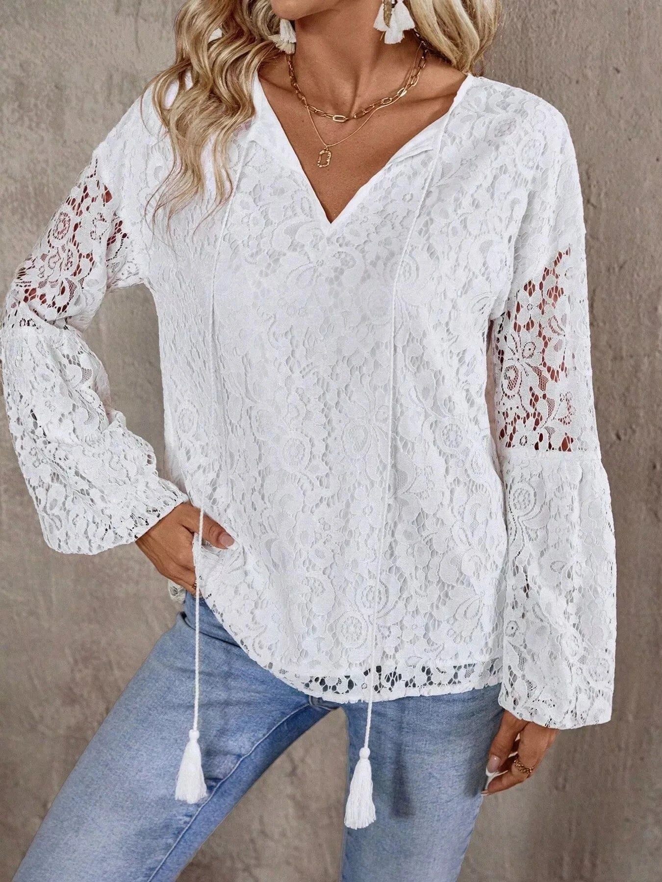 Tassel Tie Neck Balloon Sleeve Lace Top