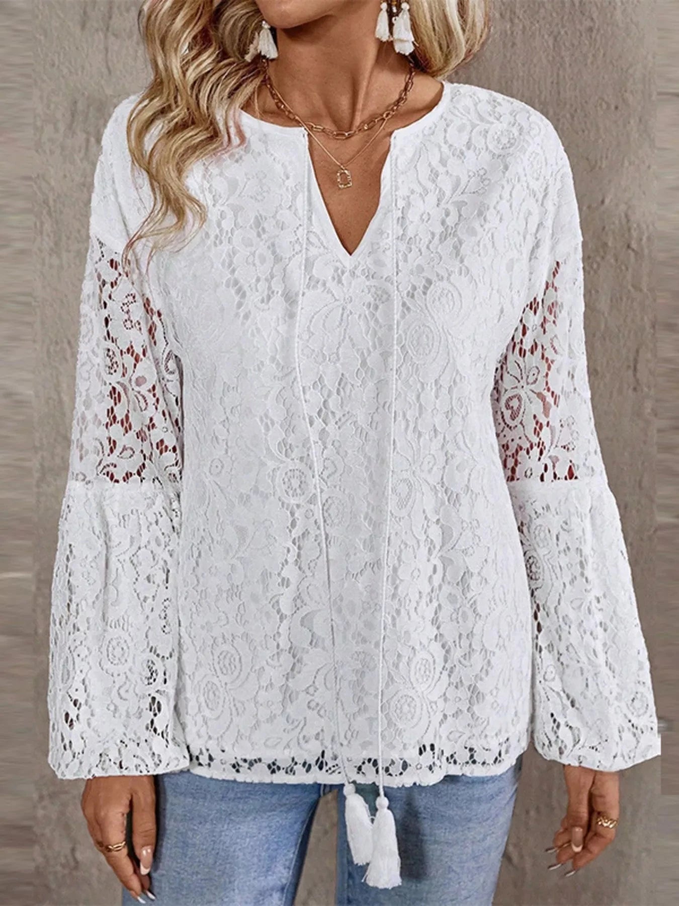 Tassel Tie Neck Balloon Sleeve Lace Top