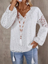 Tassel Tie Neck Balloon Sleeve Lace Top White / S