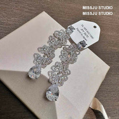 Teardrop Butterfly Crystals Studded Statement Earrings White