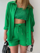 Texture Button Up Shirt and Drawstring Shorts Set Green / S