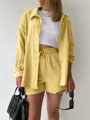 Texture Button Up Shirt and Drawstring Shorts Set Yellow / S