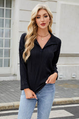 Texture Collared Neck Long Sleeve Blouse Black / S