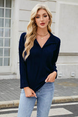 Texture Collared Neck Long Sleeve Blouse Dark Navy / S