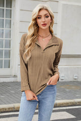 Texture Collared Neck Long Sleeve Blouse Taupe / S