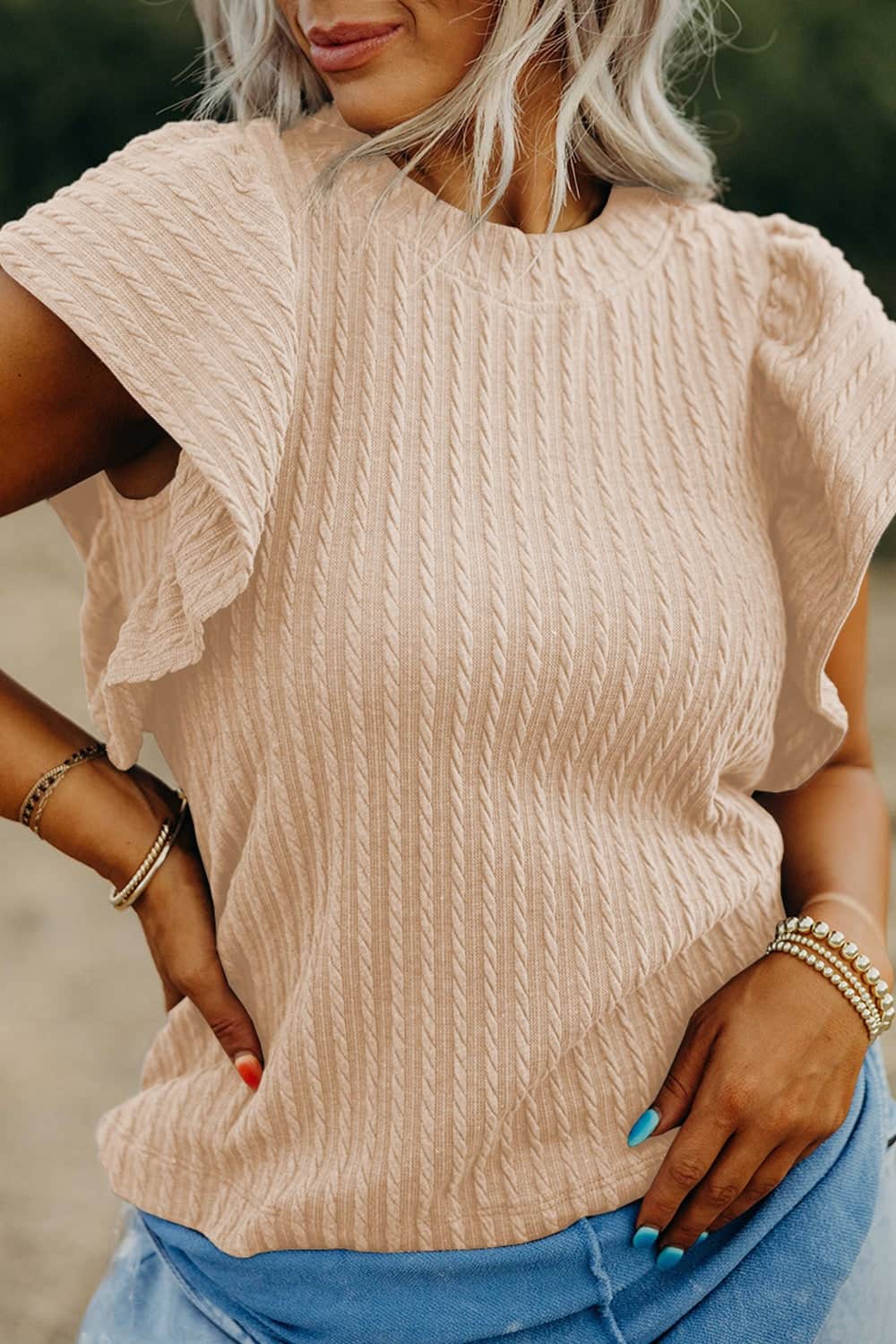 Texture Round Neck Cap Sleeve Top Eggshell / S