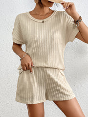 Texture Round Neck Top and Shorts Lounge Set