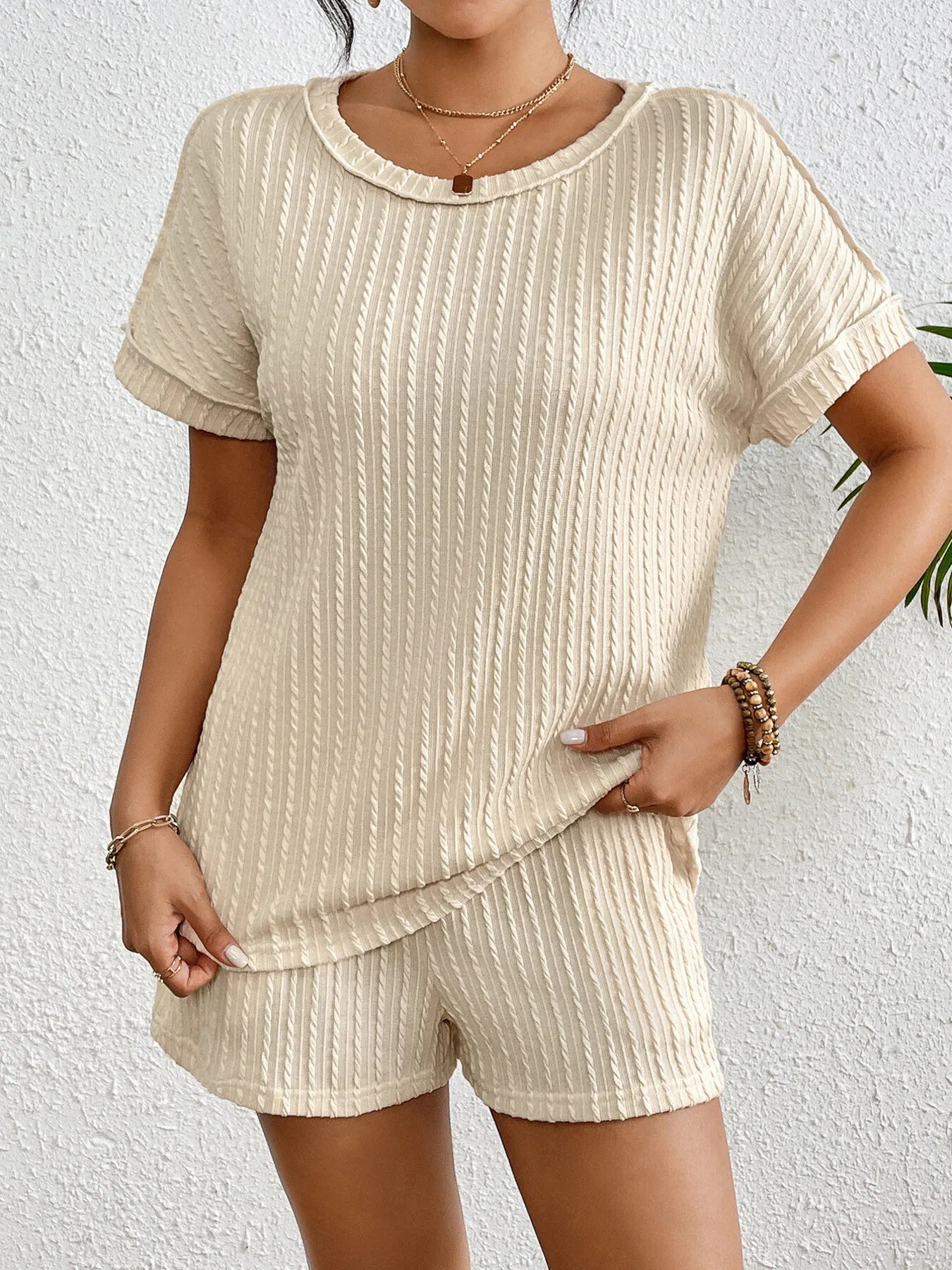 Texture Round Neck Top and Shorts Lounge Set Apricot / XS