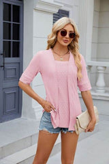 Texture Square Neck Half Sleeve Blouse Blush Pink / M