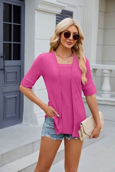 Texture Square Neck Half Sleeve Blouse Hot Pink / 2XL