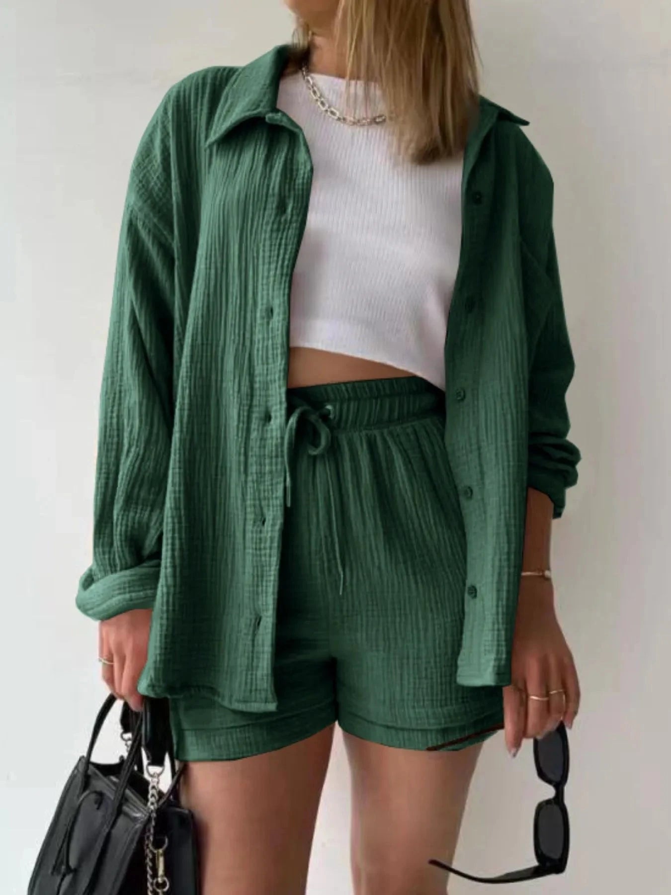 Textured Button Up Shirt and Shorts Set