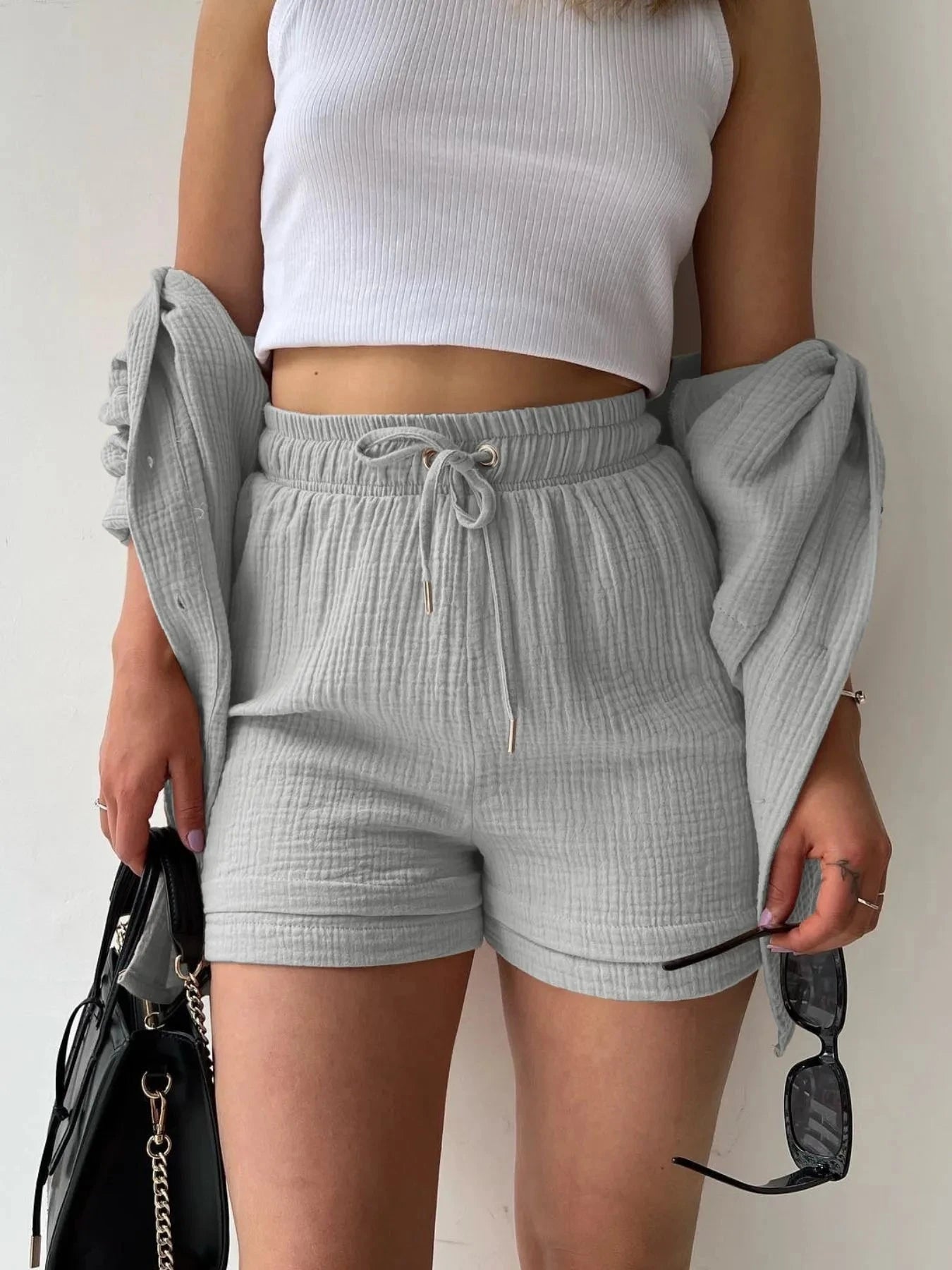 Textured Button Up Shirt and Shorts Set