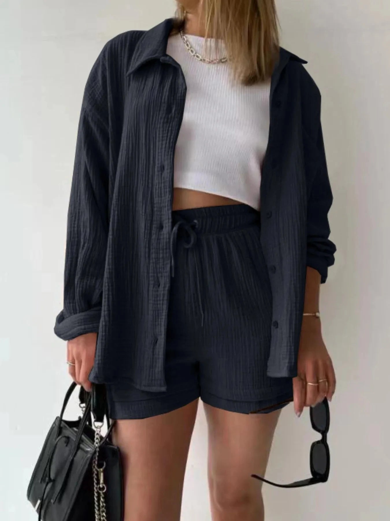 Textured Button Up Shirt and Shorts Set