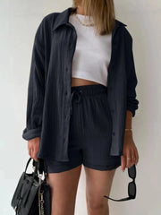 Textured Button Up Shirt and Shorts Set