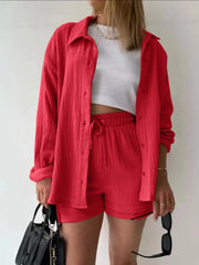 Textured Button Up Shirt and Shorts Set