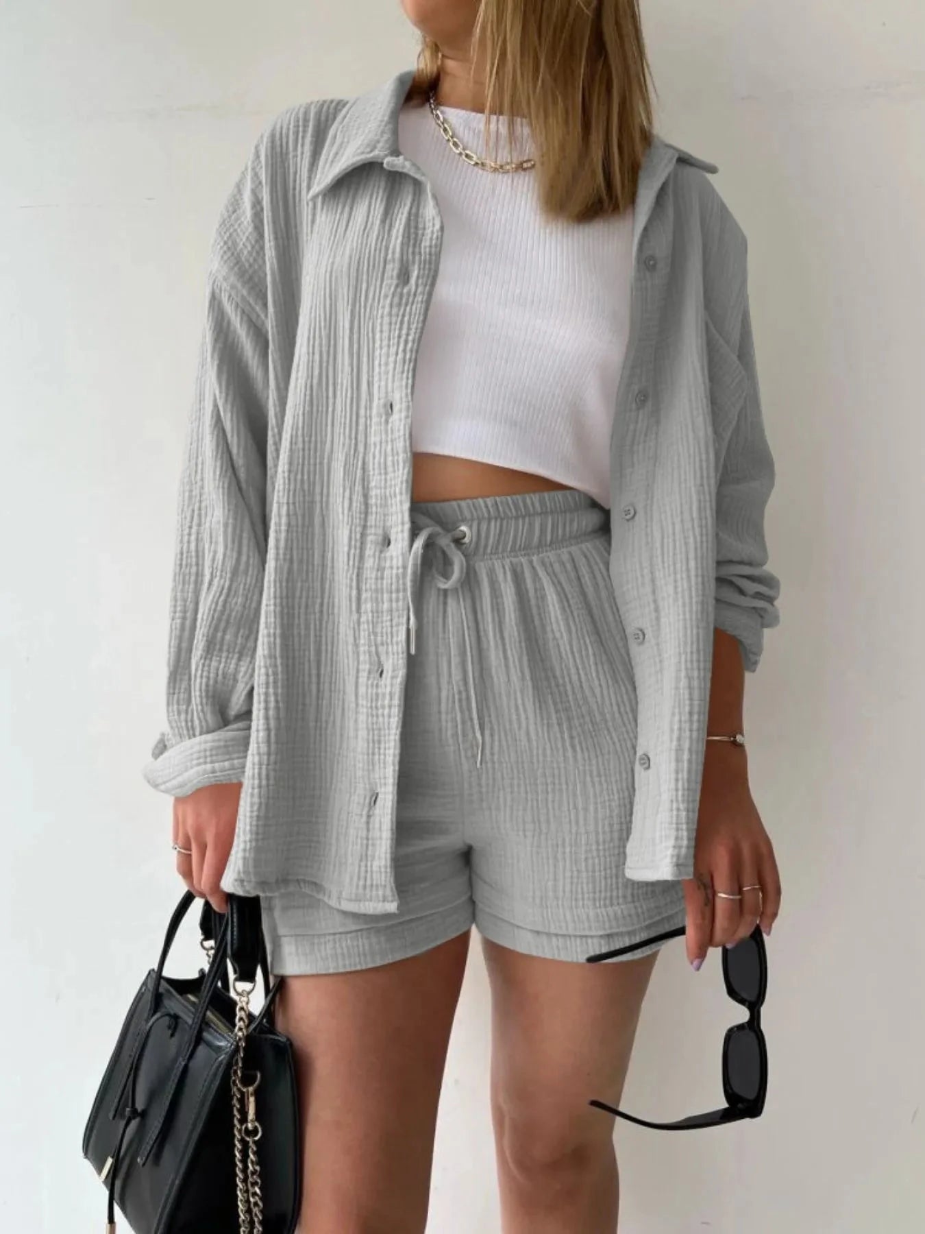 Textured Button Up Shirt and Shorts Set