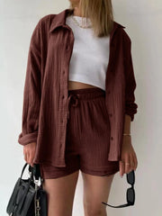 Textured Button Up Shirt and Shorts Set