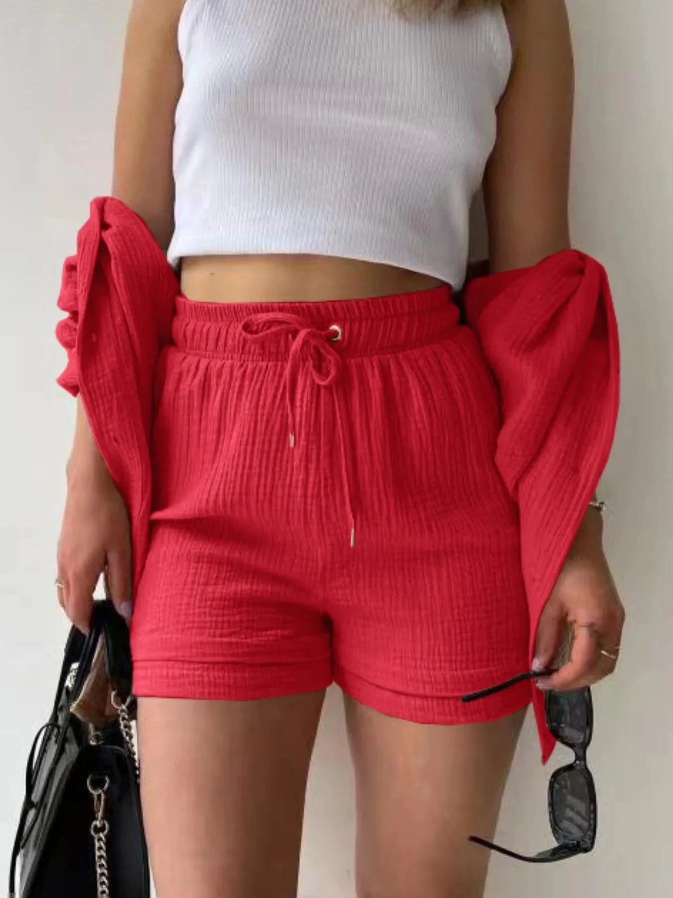 Textured Button Up Shirt and Shorts Set