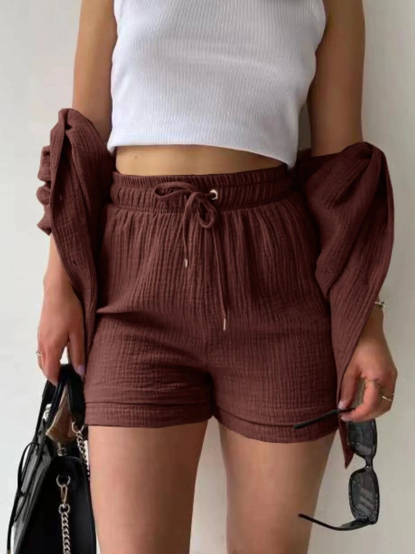 Textured Button Up Shirt and Shorts Set