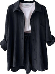 Textured Button Up Shirt and Shorts Set Dark Gray / S